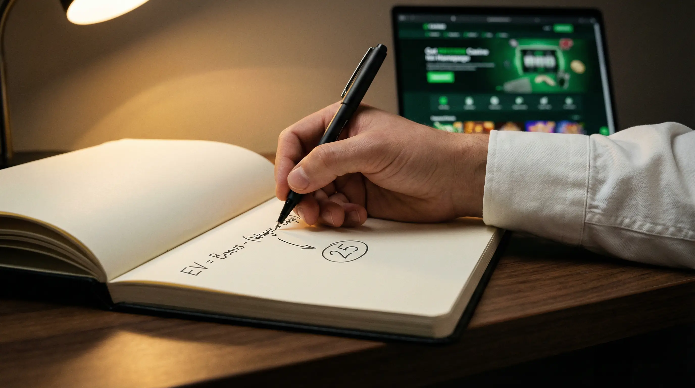 Person writing expected value calculations in a notebook with a pen and a laptop open to a casino site