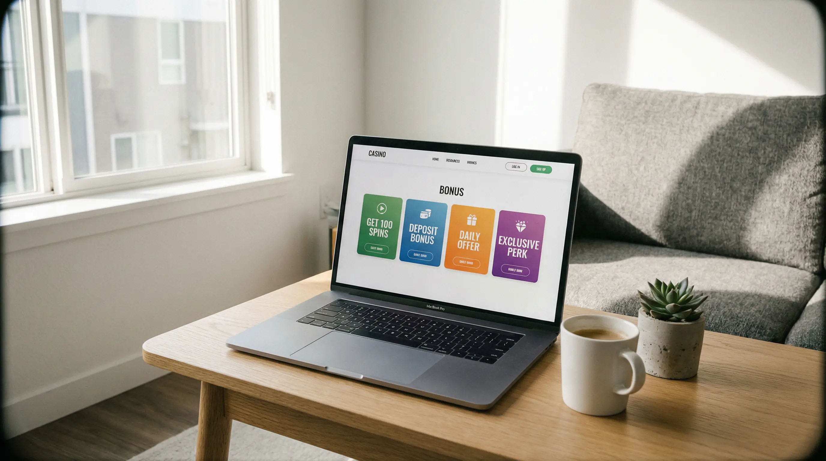 Four types of UK casino welcome bonuses displayed on a laptop screen in a modern living room