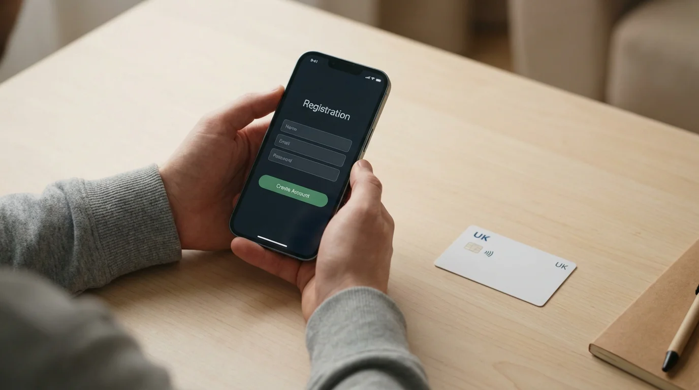 Person registering at an online casino on a smartphone with a debit card on the desk