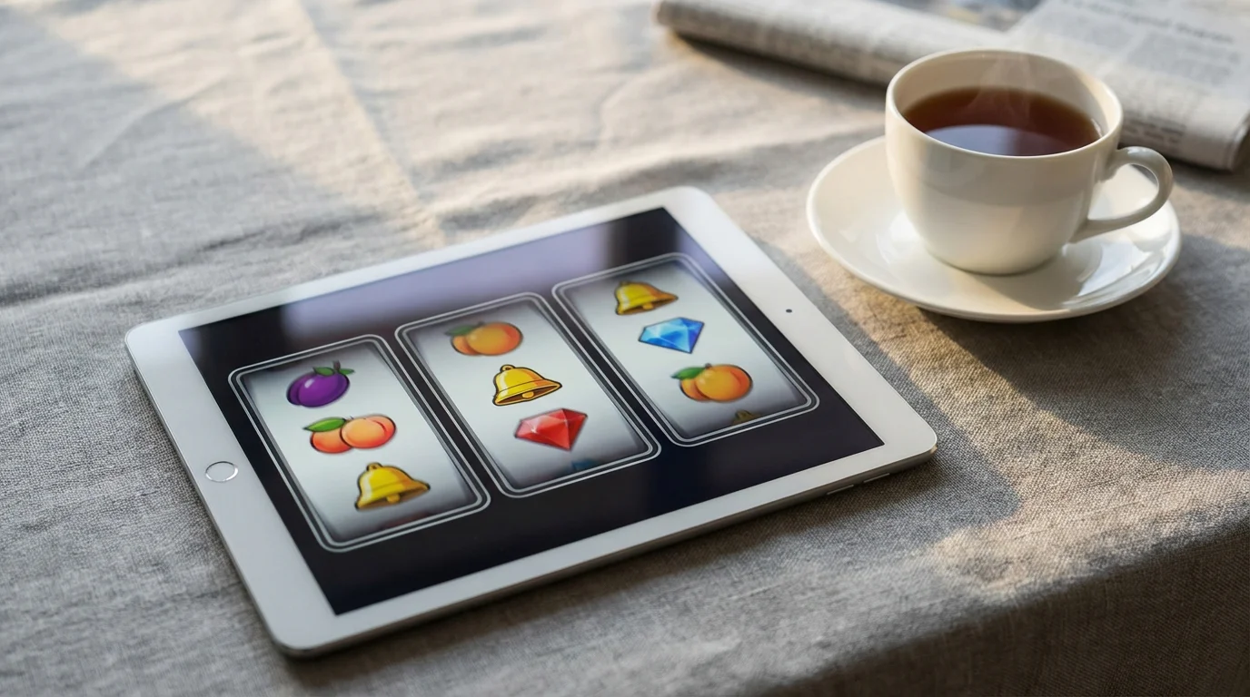 Slot machine reels frozen mid-spin on a tablet screen next to a cup of tea